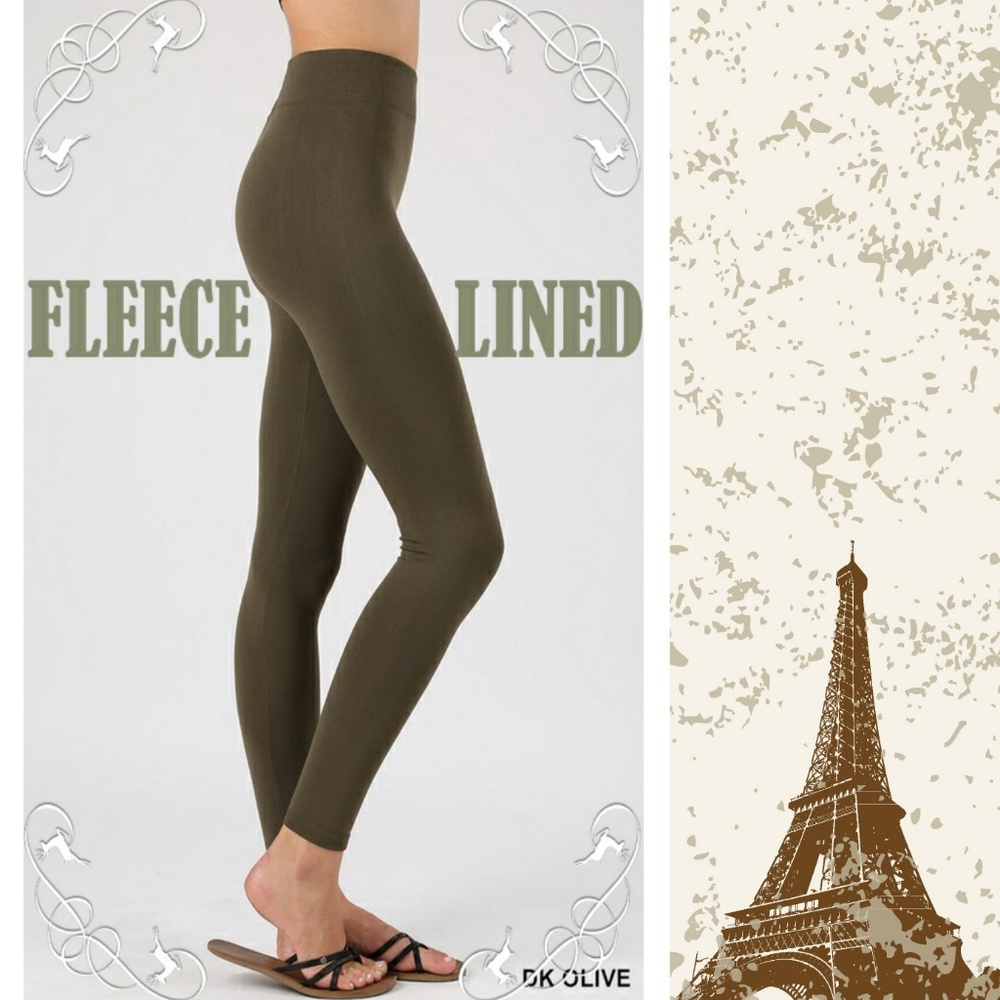 Zenana Outfitters Dark Olive Solid Thick Fleece Lined Leggings Pants